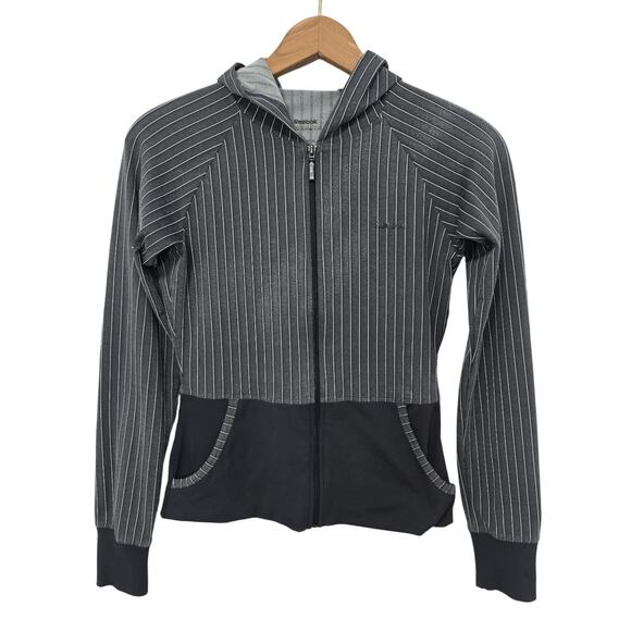 Vintage Reebok Gray Distressed Pinstripe Running Track Jacket Size XS 90s Y2K - Picture 1 of 5